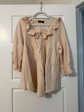 Zeffa Peach Ruffle-Trim Gauze Tunic